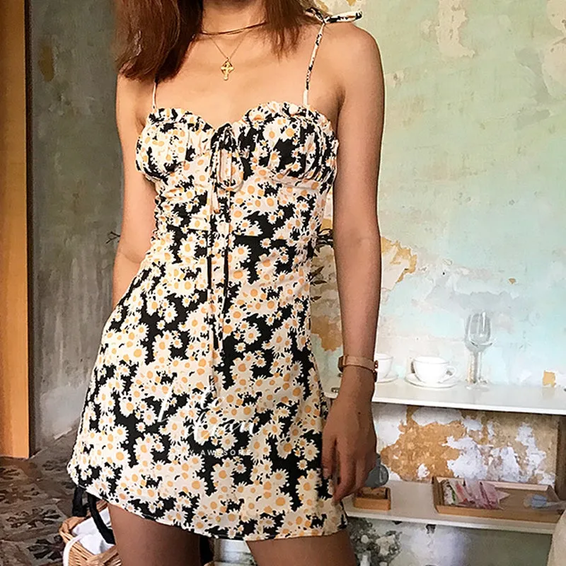 VenusFox Vintage Yellow Floral Casual backless Mini Dress