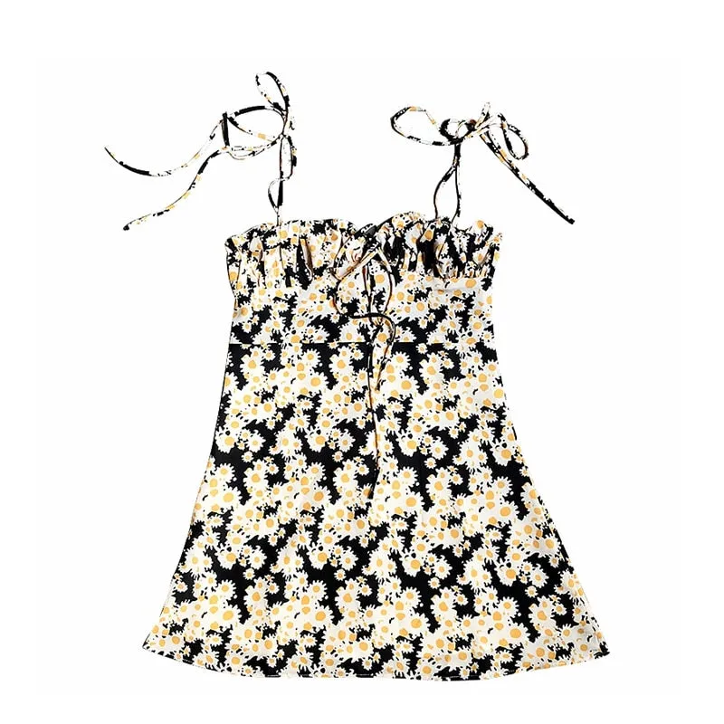 VenusFox Vintage Yellow Floral Casual backless Mini Dress