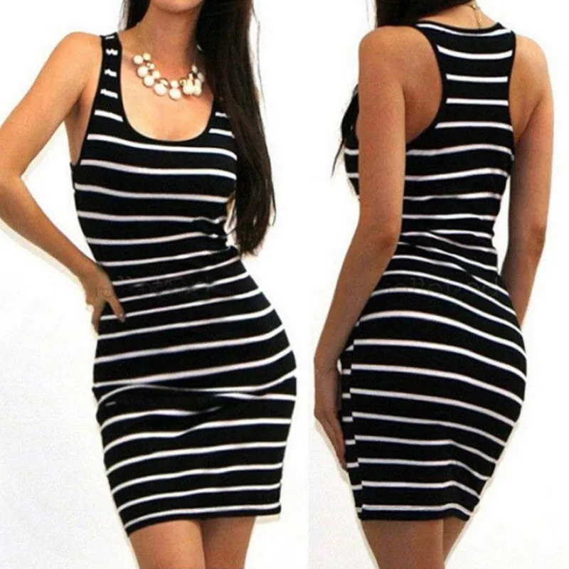 VenusFox Women Sleeveless Striped Sexy Party Mini Dress