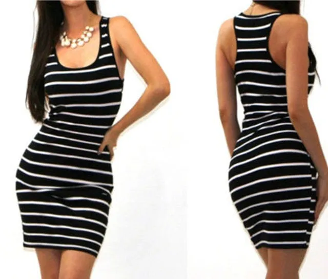 VenusFox Women Sleeveless Striped Sexy Party Mini Dress