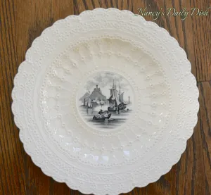Vintage Spode Nautical Sailboat Ship Black & Cream Transferware Plate Jewel Lace Border