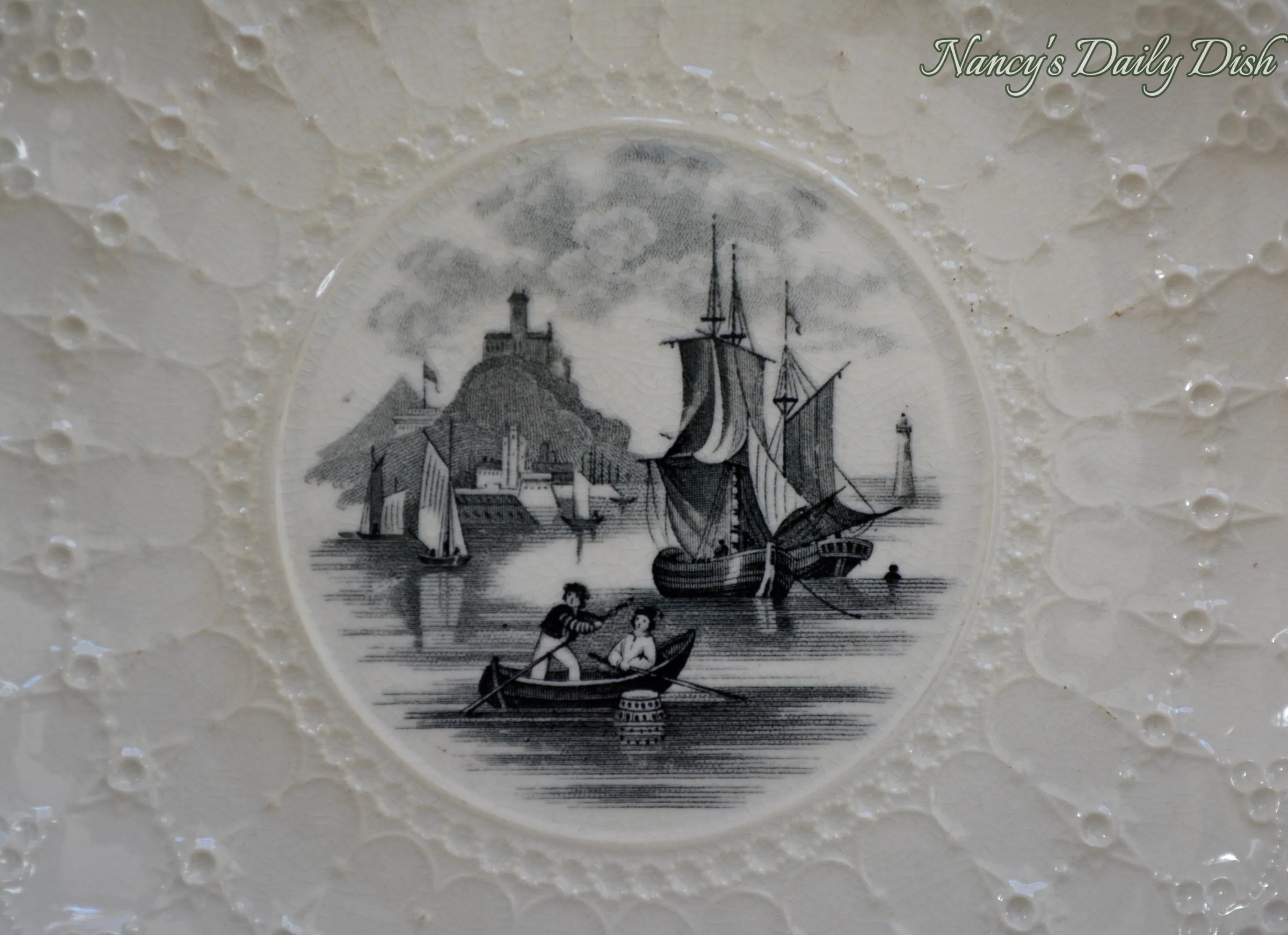 Vintage Spode Nautical Sailboat Ship Black & Cream Transferware Plate Jewel Lace Border