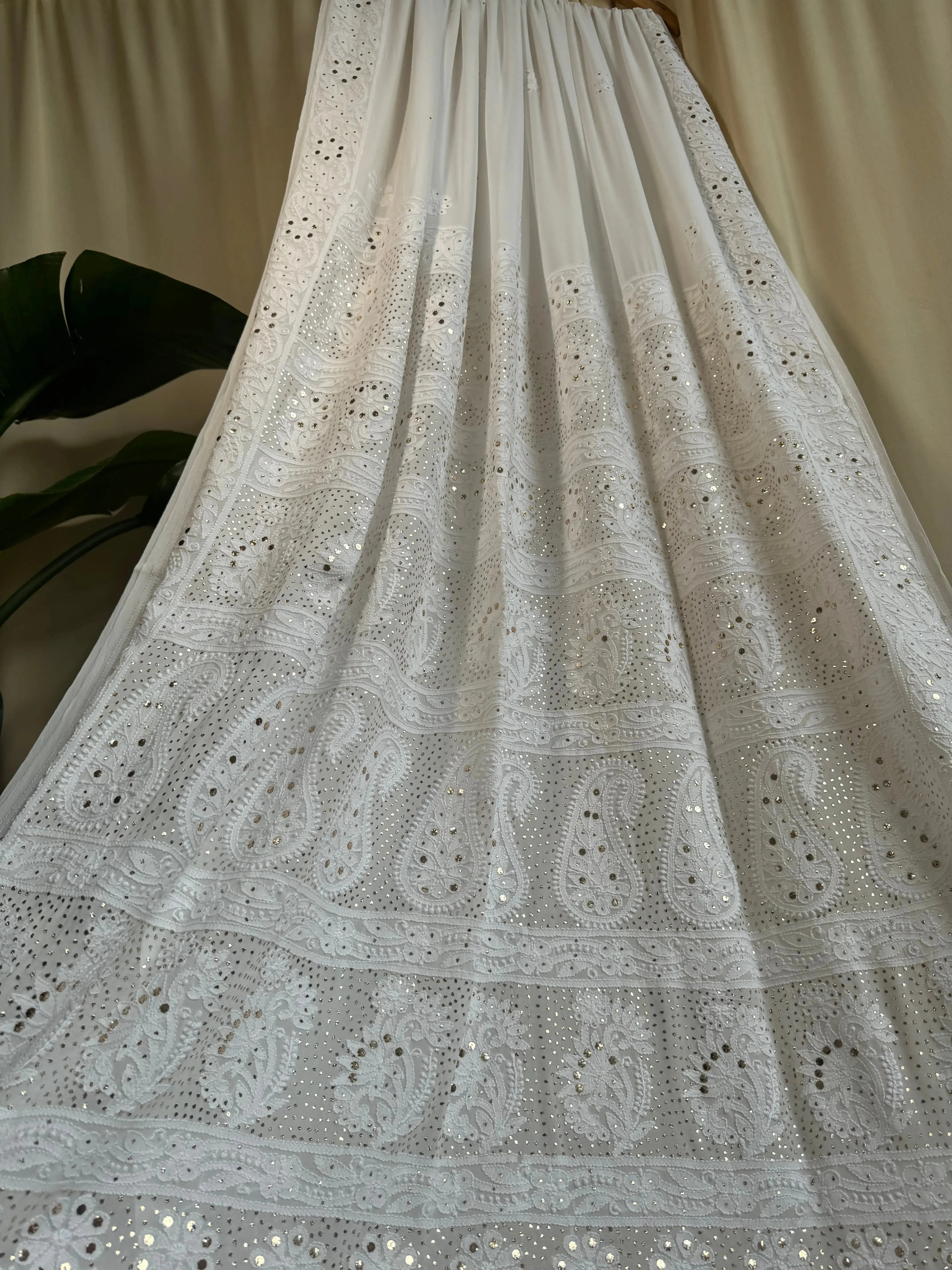 Viscose White Chikankari saree with Mukaish Work