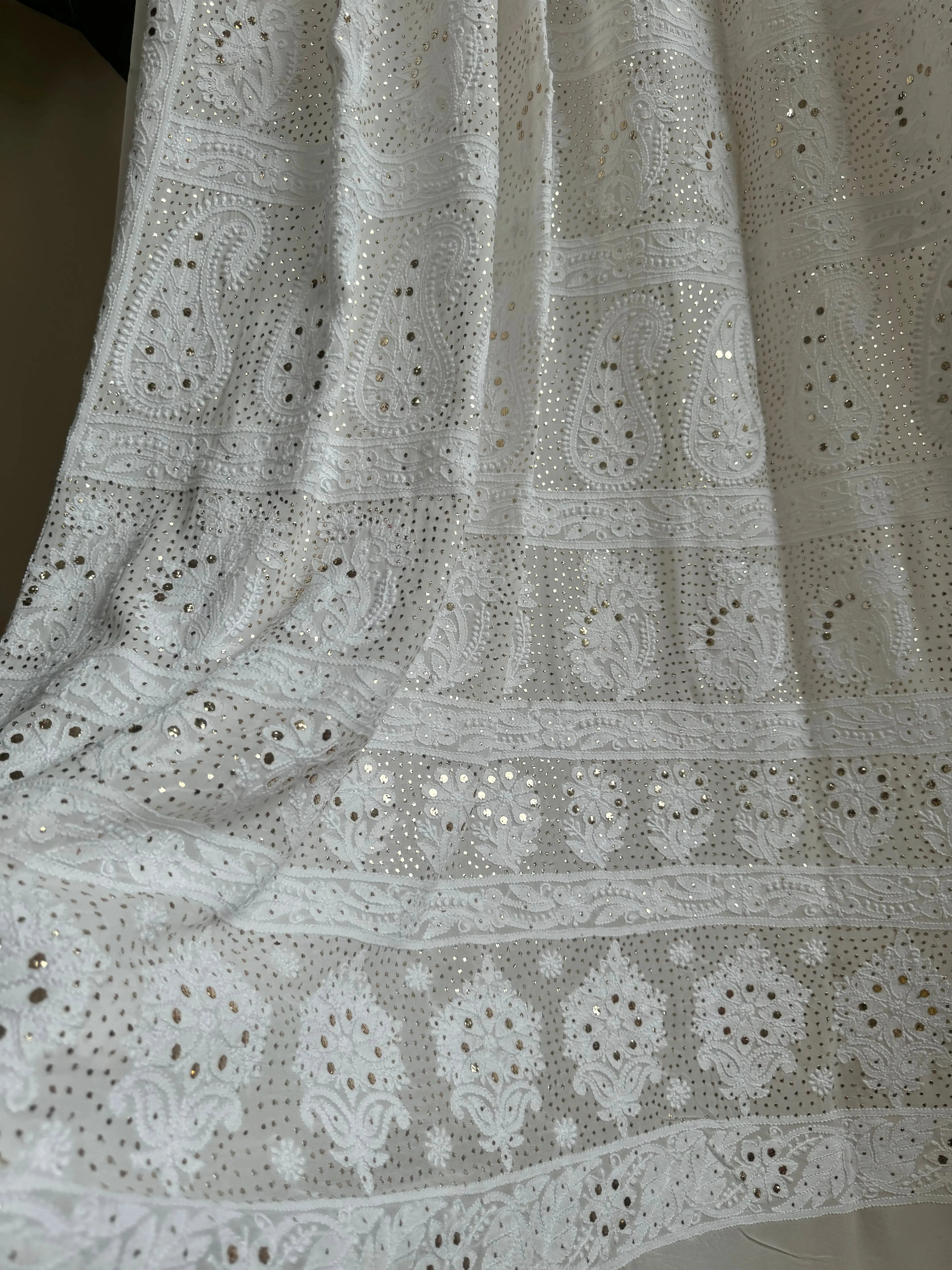 Viscose White Chikankari saree with Mukaish Work