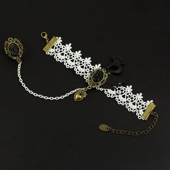 Whilte Lace w/ Black Swan Bracelet and Chained Ring Set
