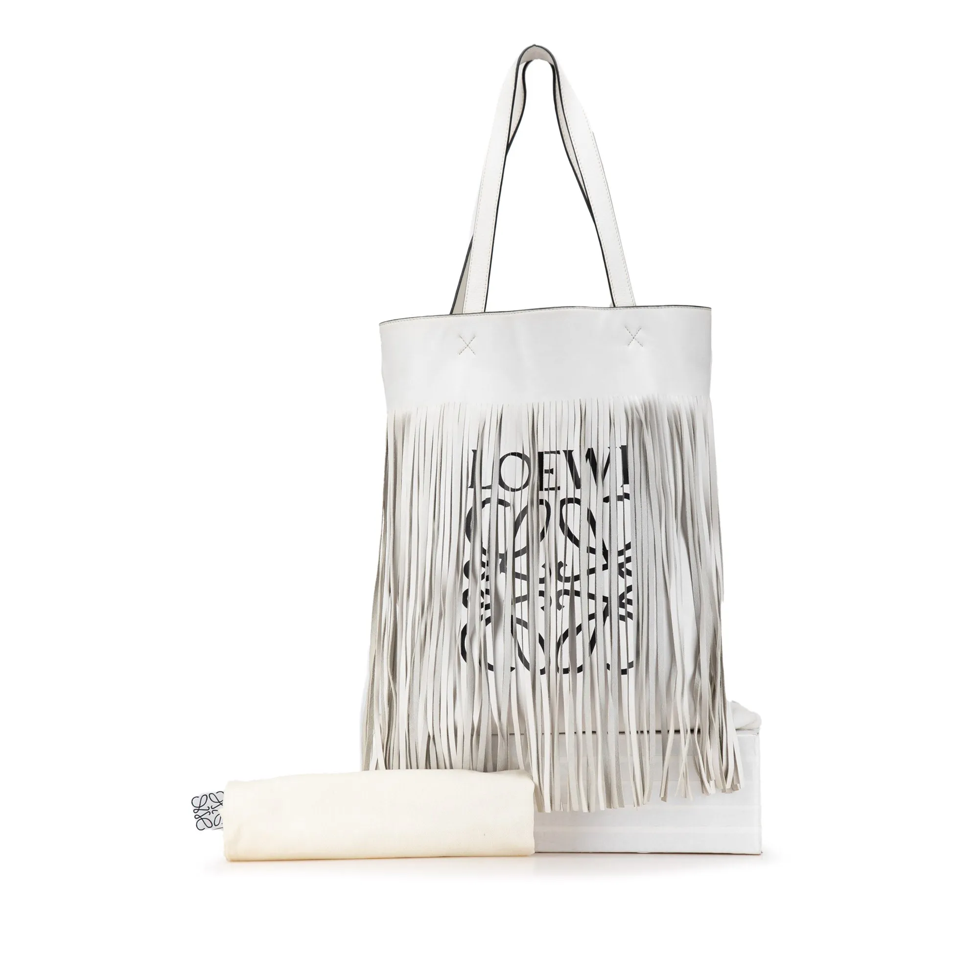 White LOEWE Leather Vertical Logo Fringe Tote