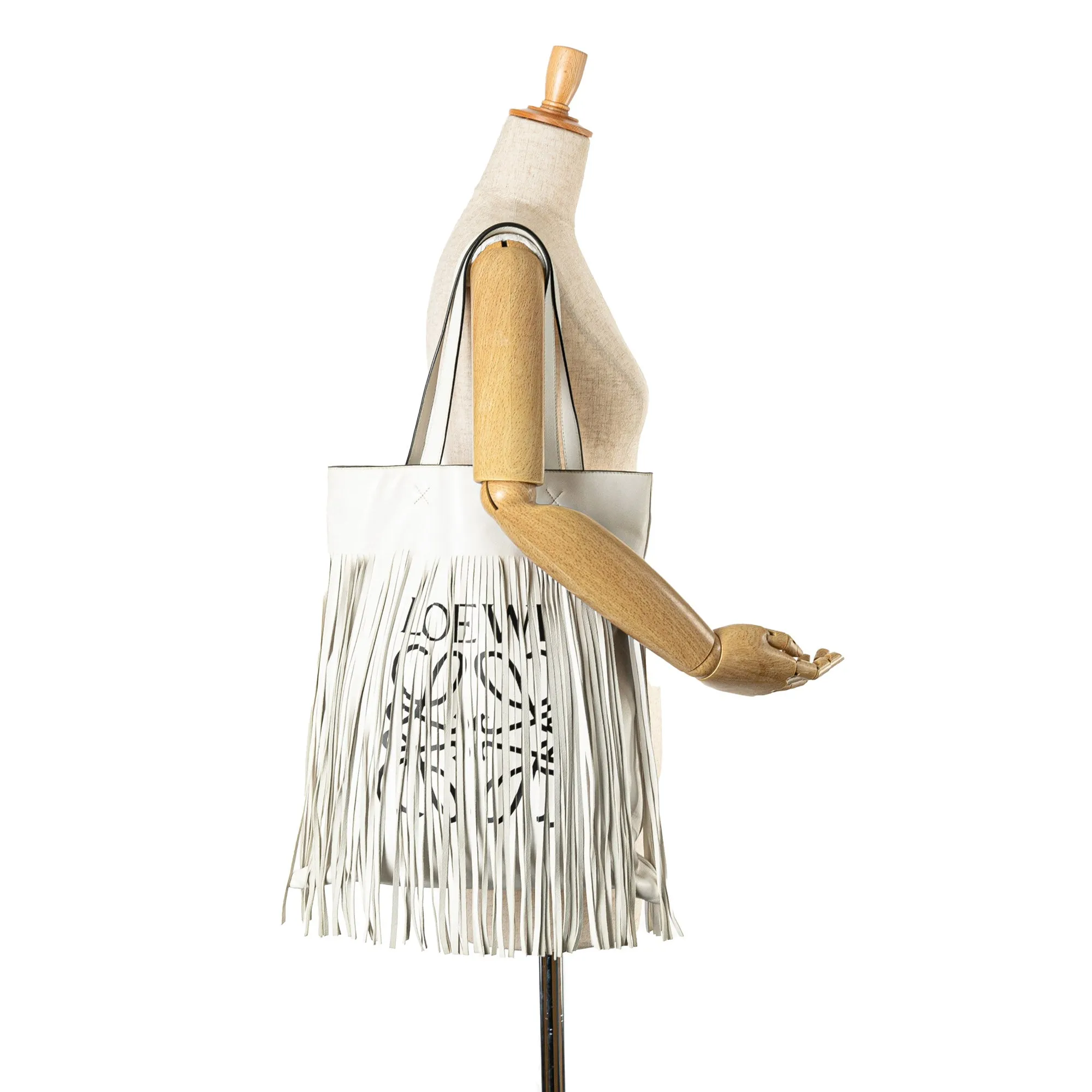 White LOEWE Leather Vertical Logo Fringe Tote