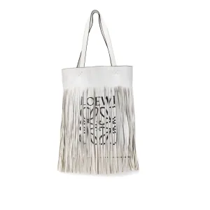 White LOEWE Leather Vertical Logo Fringe Tote