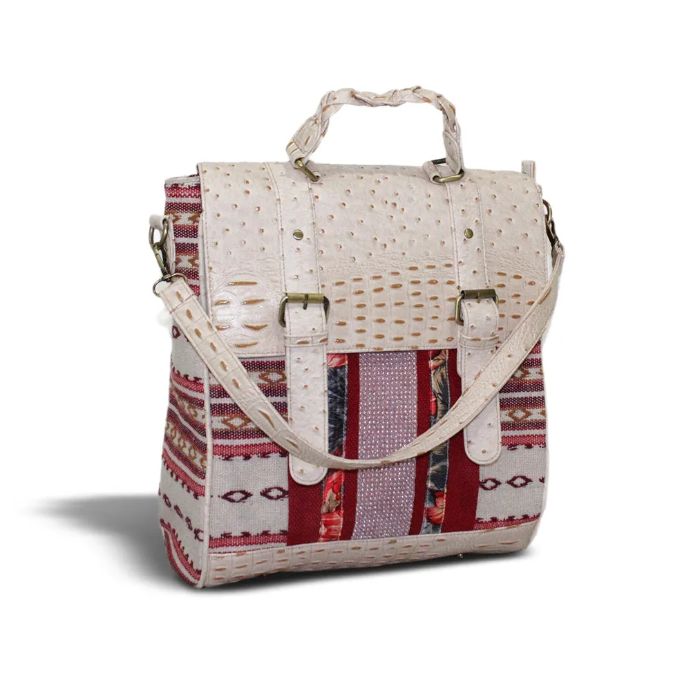 White Textured Leatherette & Jute Kilim backpack